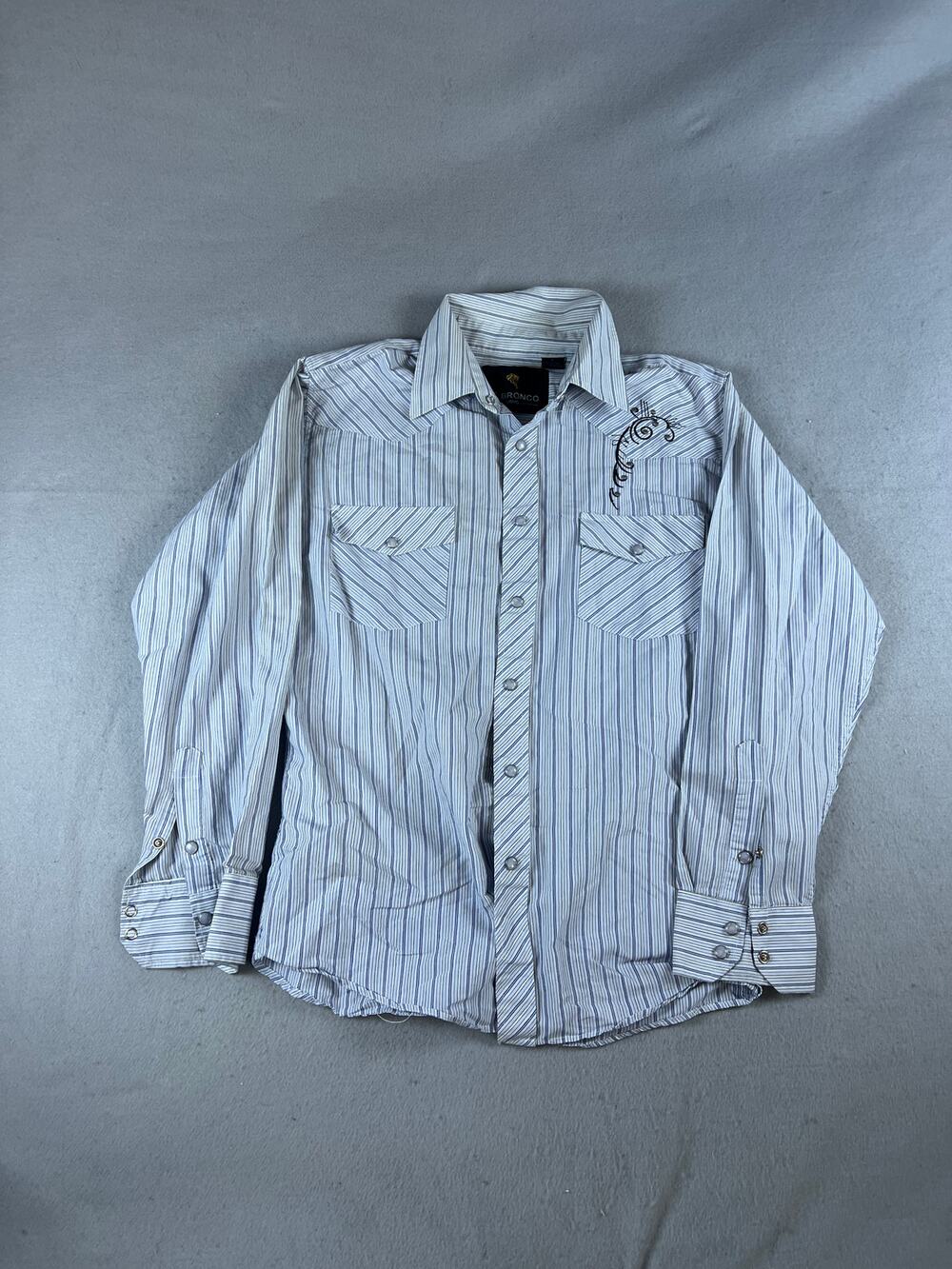 El Bronco Uomo Shirt Mens S Blue Pearl Snap Striped Embroidered Western Cowboy
